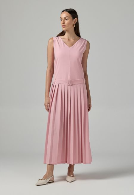 Sleeveless Pleated Solid Dress