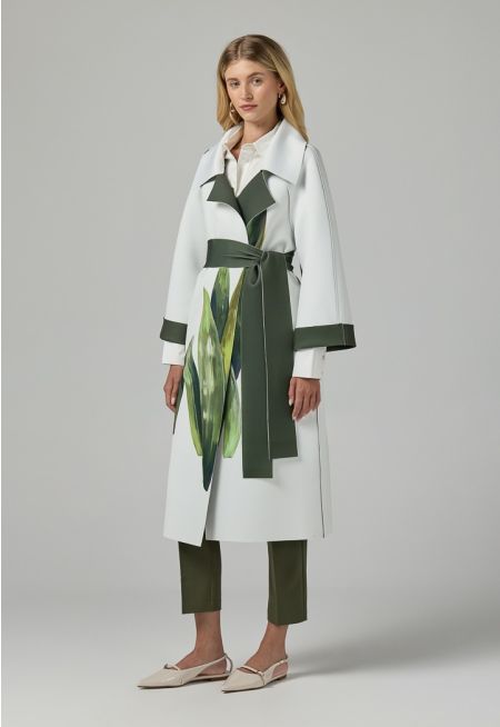 Long Raglan Sleeves Belted Printed Jacket