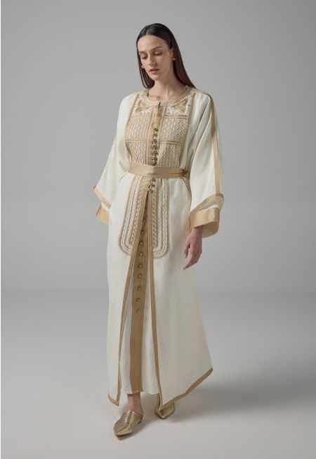 Lurex Embroidered Flared Belted Abaya