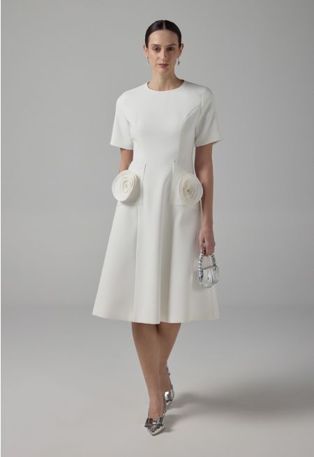 Solid 3D Flowers Patch Midi Dress