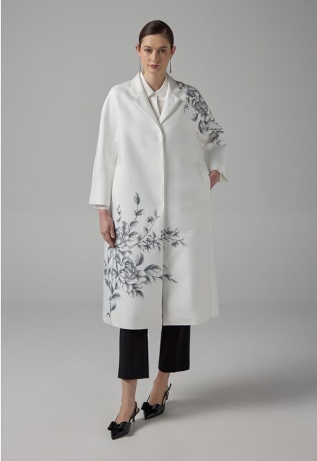 Floral Printed Crystal Embellished Midi Coat