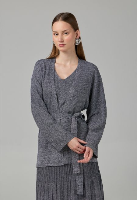 Solid Lurex Knitted Belted Cardigan