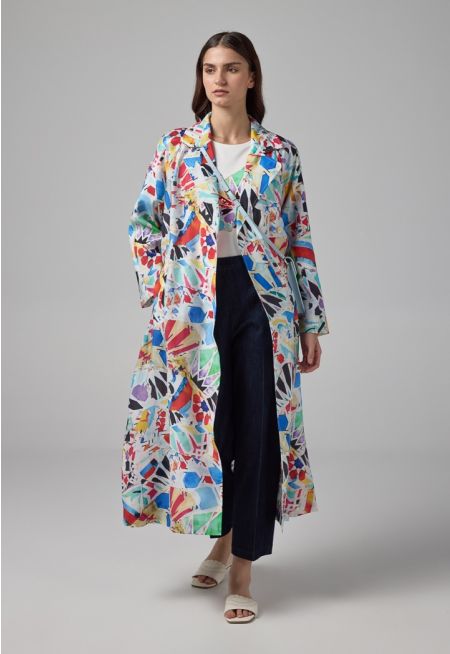 Notched Collar Belted Abstract Print Coat