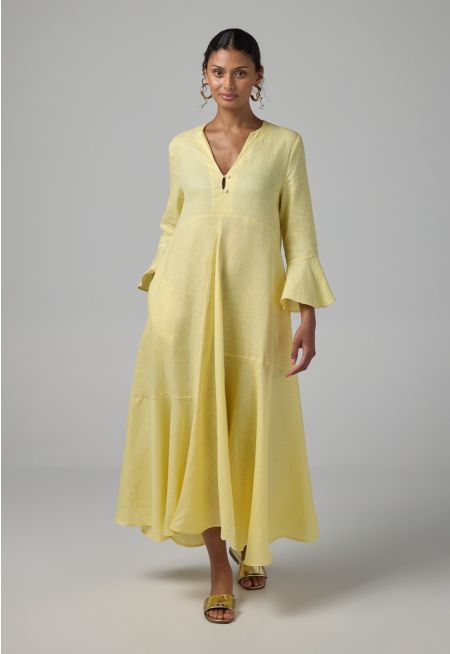 Solid Bell Sleeves Linen Dress