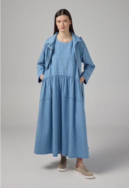 Solid Sleeveless Flared Denim Dress