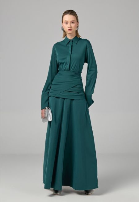 Solid Gathered Waist Pleated Dress