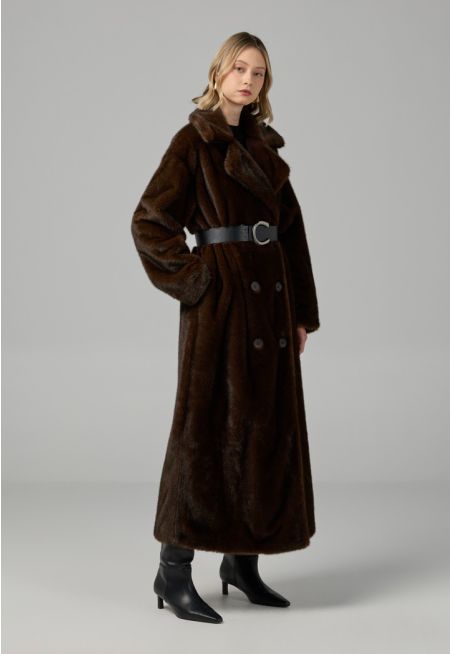Solid Faux Fur Belted Coat