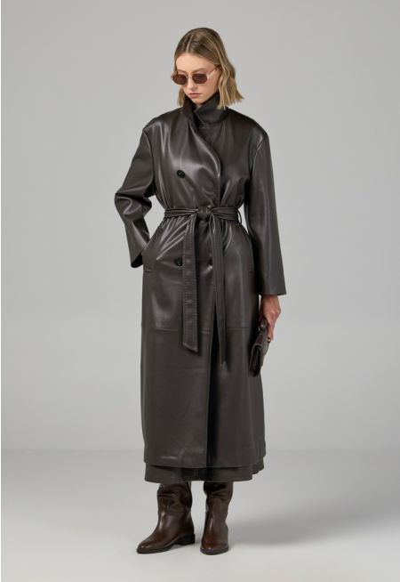 PU Leather Belted Trench Coat