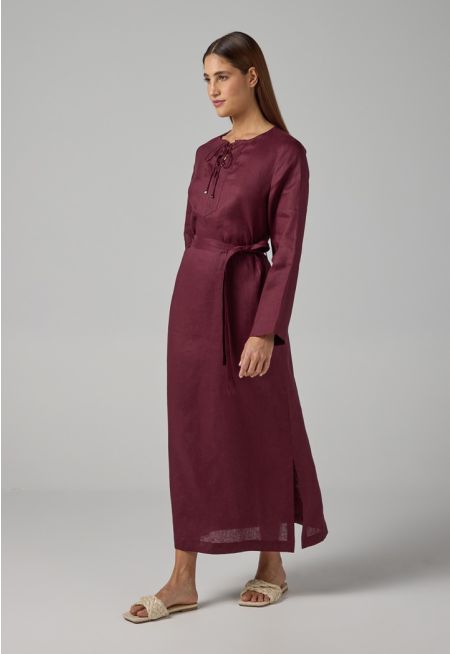 Solid Belted Maxi Linen Dress