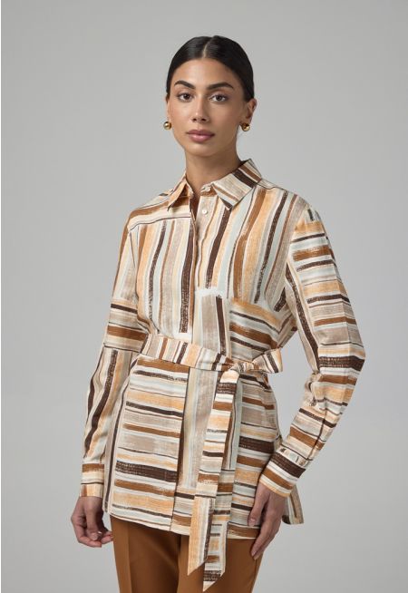 Long Sleeve Belted Printed Shirt