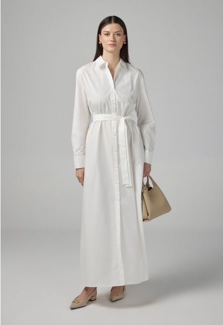 Long Sleeve Basic Belted Shirt Dress