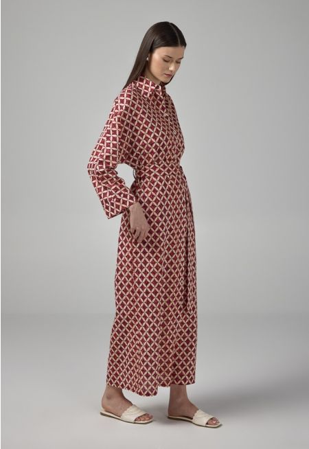 Geometrical Print Belted Shirt Dress