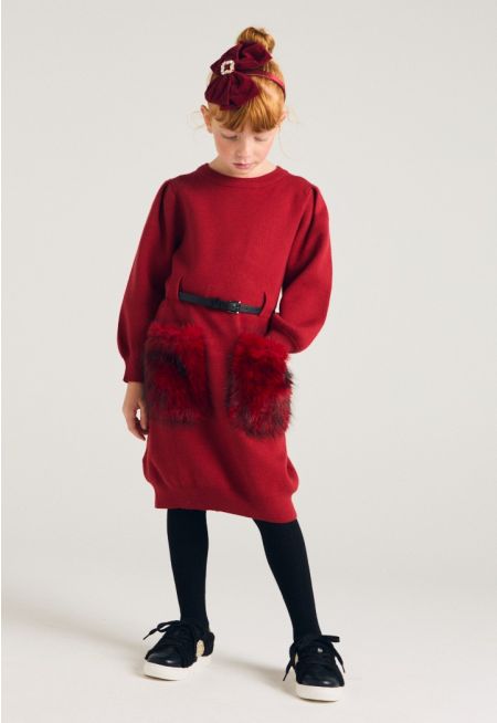 Faux Fur Pockets Dress