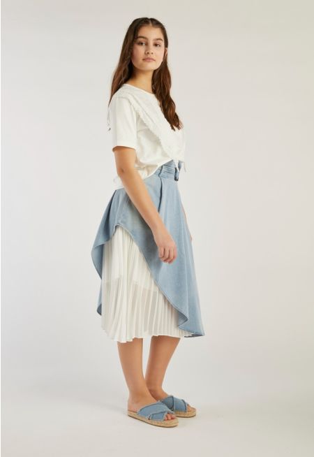 Short Belted Pleated Denim Skirt