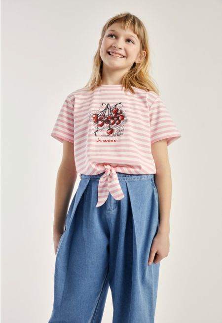 Tie Waist Striped T Shirt