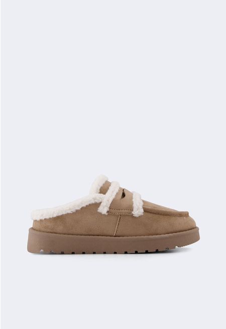 Shearling Embellished Suede Mules