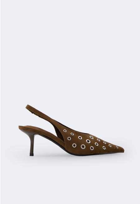 Eyelet-Embellished Strap Heels