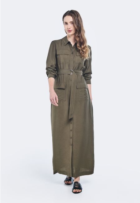 Crinkled Multi-Pockets Shirt Dress