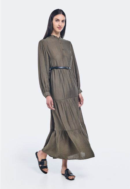 Half Button Up Tiered Dress