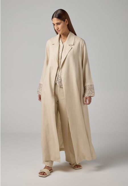 Embroidered Contrast Maxi Belted Abaya