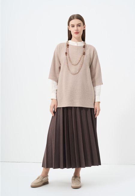 Solid Pleated Midi Skirt