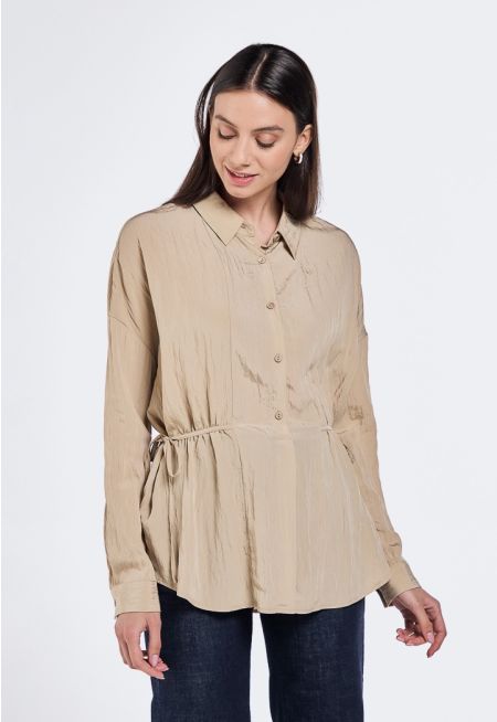 Drawstring Waist Crinkled Shirt