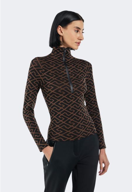 Contrast Zippered Turtleneck Top