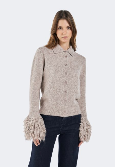 Knitted Cardigan with Fringed Sleeves