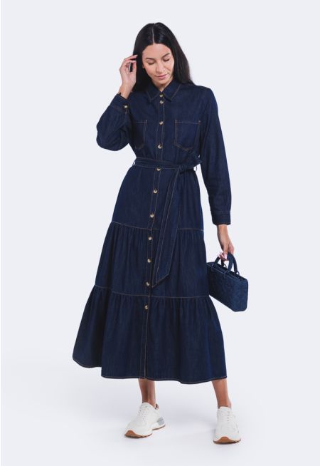 Tiered Denim Maxi Dress