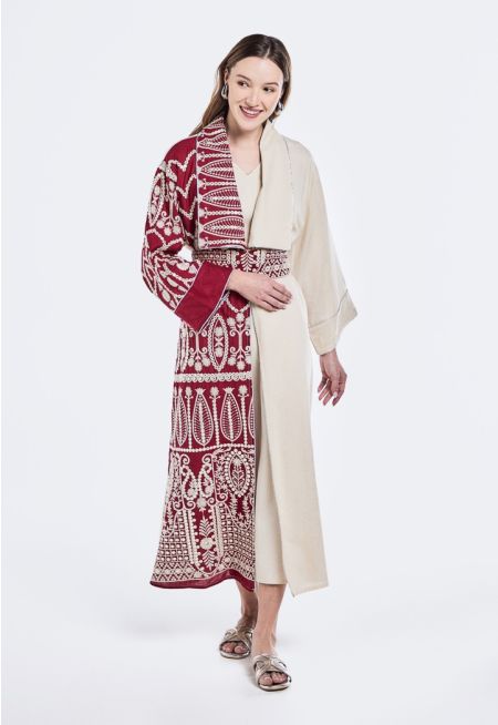 Abaya and Embroidered Belted Dress Set (2PCS)