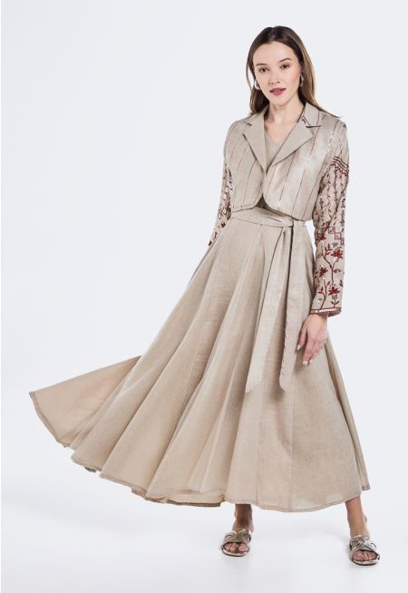 Belted Dress & Sequins Embellished Gilet Set (2PCS)