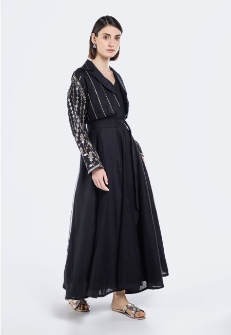 Belted Dress & Sequins Embellished Gilet Set (2PCS)