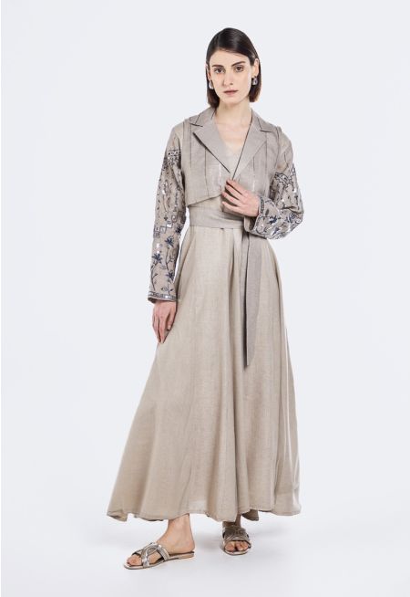 Belted Dress & Sequins Embellished Gilet Set (2PCS)