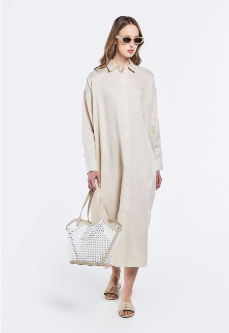 Drop Shoulder Linen Shirt Dress
