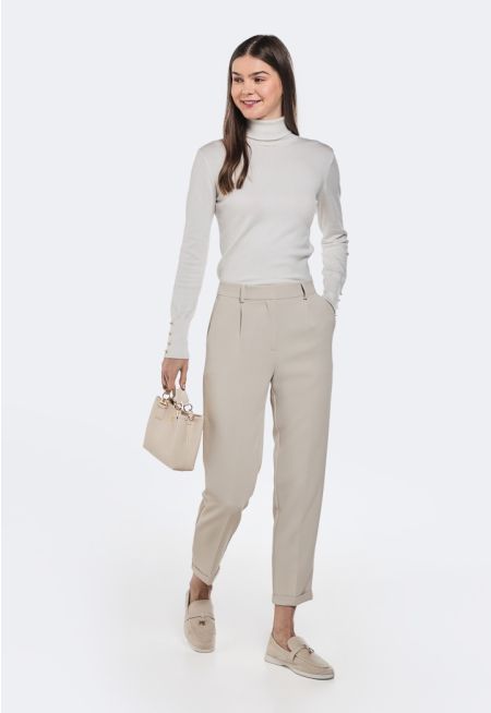 Solid Folded Hem Trousers