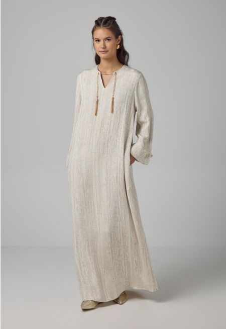 Textured Contrast Dress With Detachable Chain