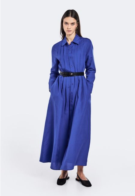 Solid Pleated Belted Dress