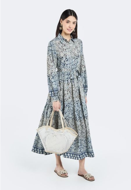 Floral Print Belted Tiered Dress