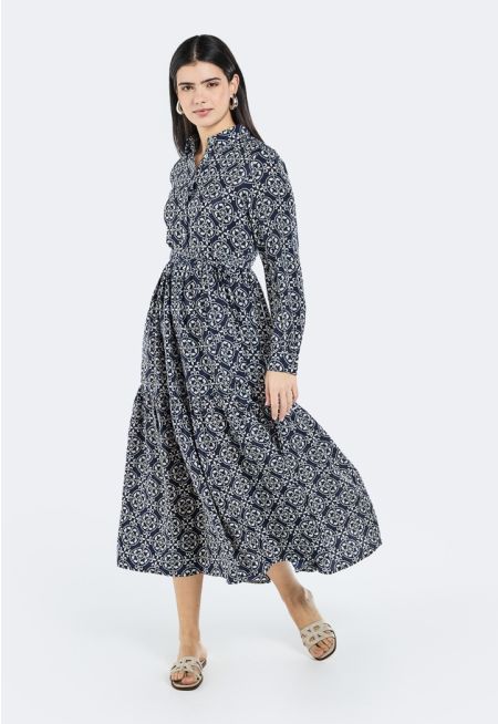 Printed Belted Tiered Dress