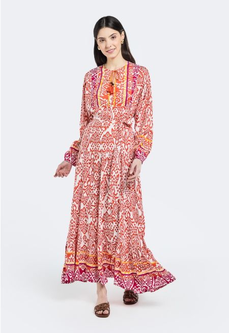 Printed Tiered Belted Dress