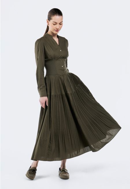 Wide Gathered Waist Pleated Dress