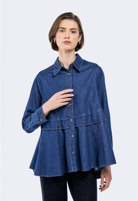 Flared -Hem Denim Shirt