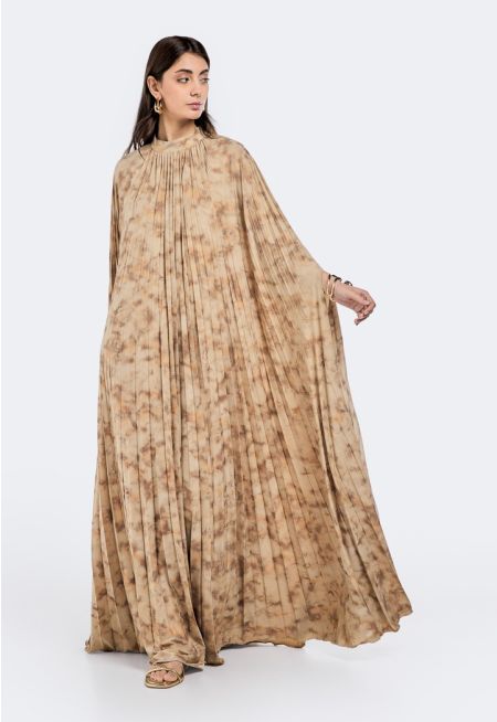 Printed Pleated Cape Maxi Dress