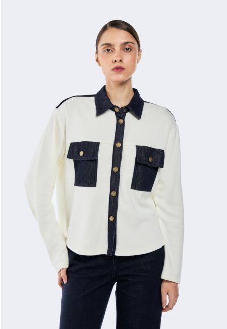 Knitted Jacket With Denim Details