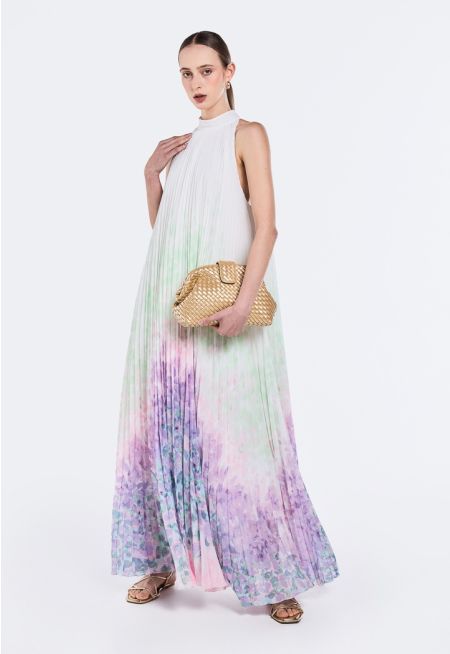 Pleated Halter neck Ombre Dress 
