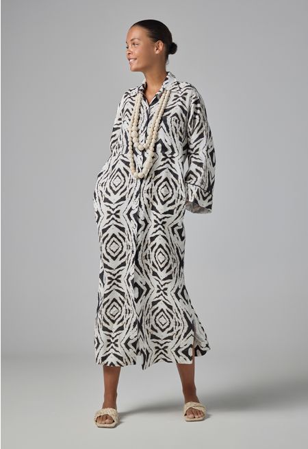 Printed Linen Belted Maxi Shirt Dress