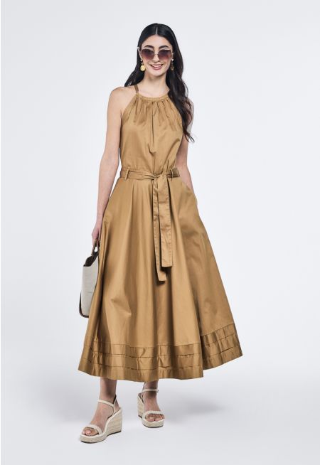 Halter Neck Belted Flared Dress