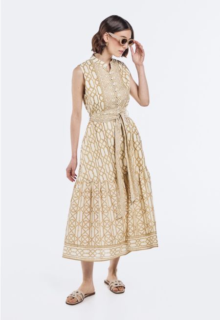 Sleeveless Printed Belted Dress