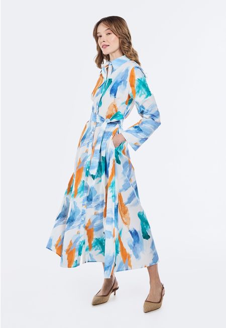 Multicolor Print Belted Dress