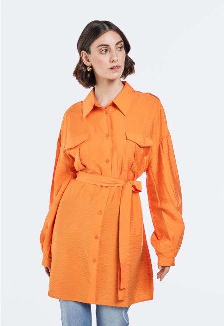 Crinkled Belted Long Shirt